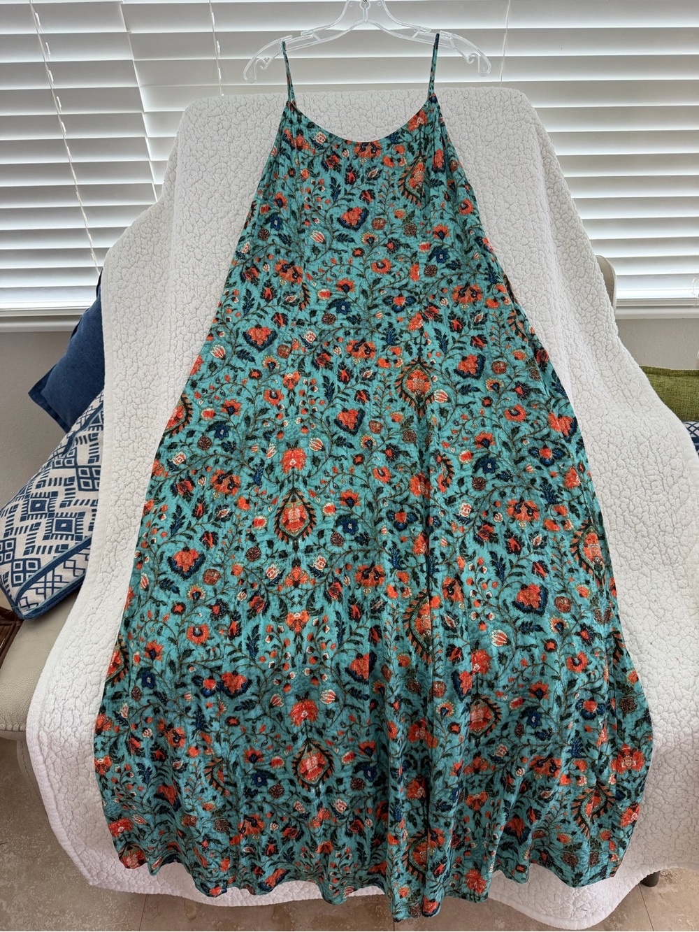 Peruvian Connection Teal Floral Tank Dress with Coral Accents